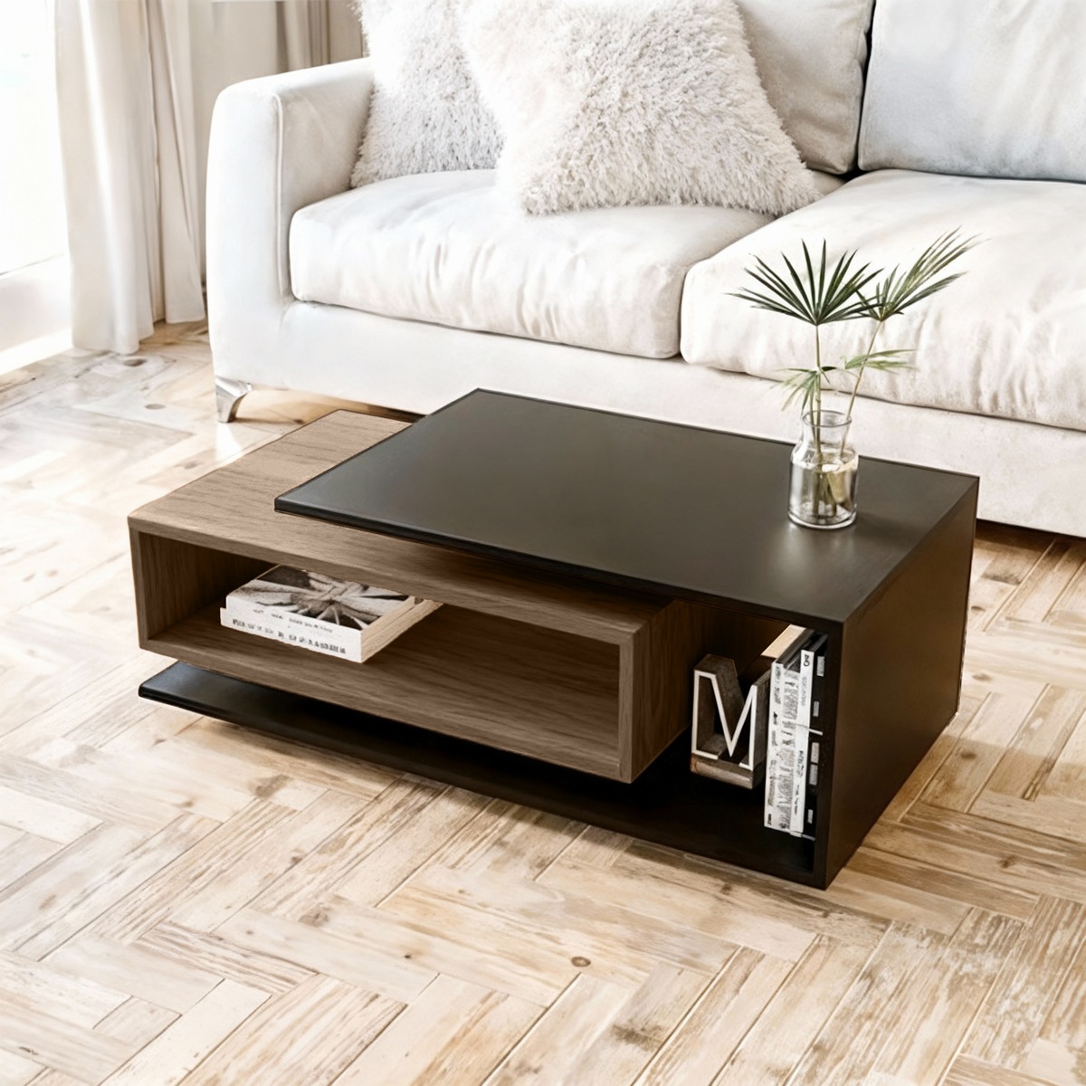 Moski Wood and Steel Coffee Table Brown Light and Black - 45x50x100 cm